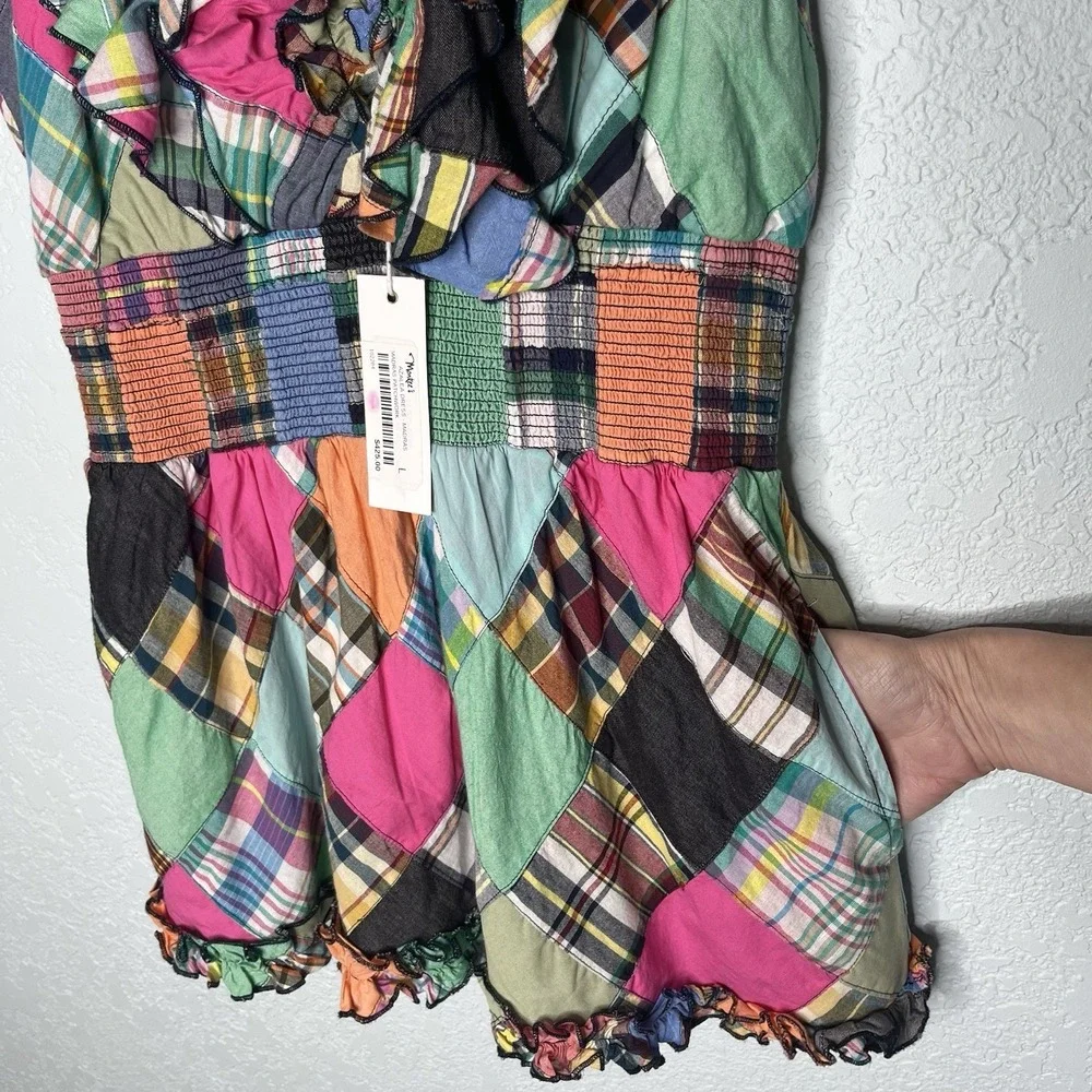 NWT $425 Love the Label Azalea Patchwork Vibrant Madras‎ Plaid Mini Dress L
